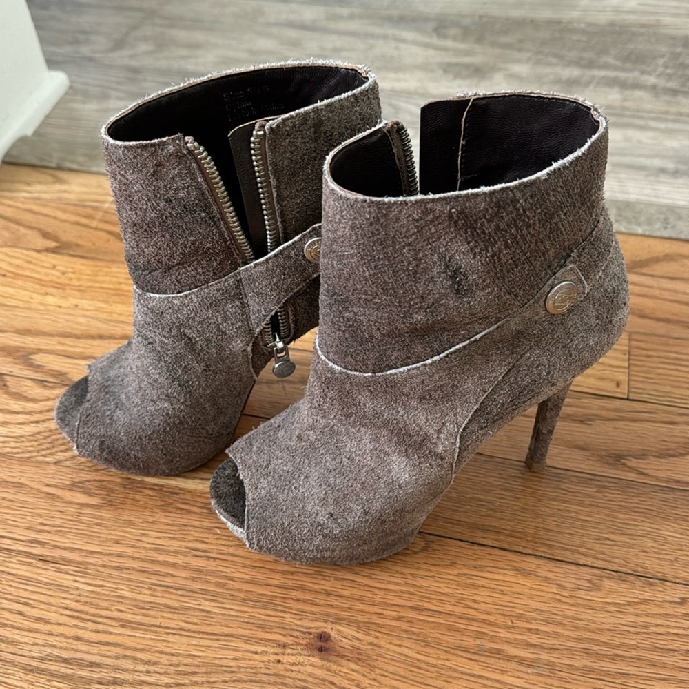 Velvet Angels suede open toe bootie heels